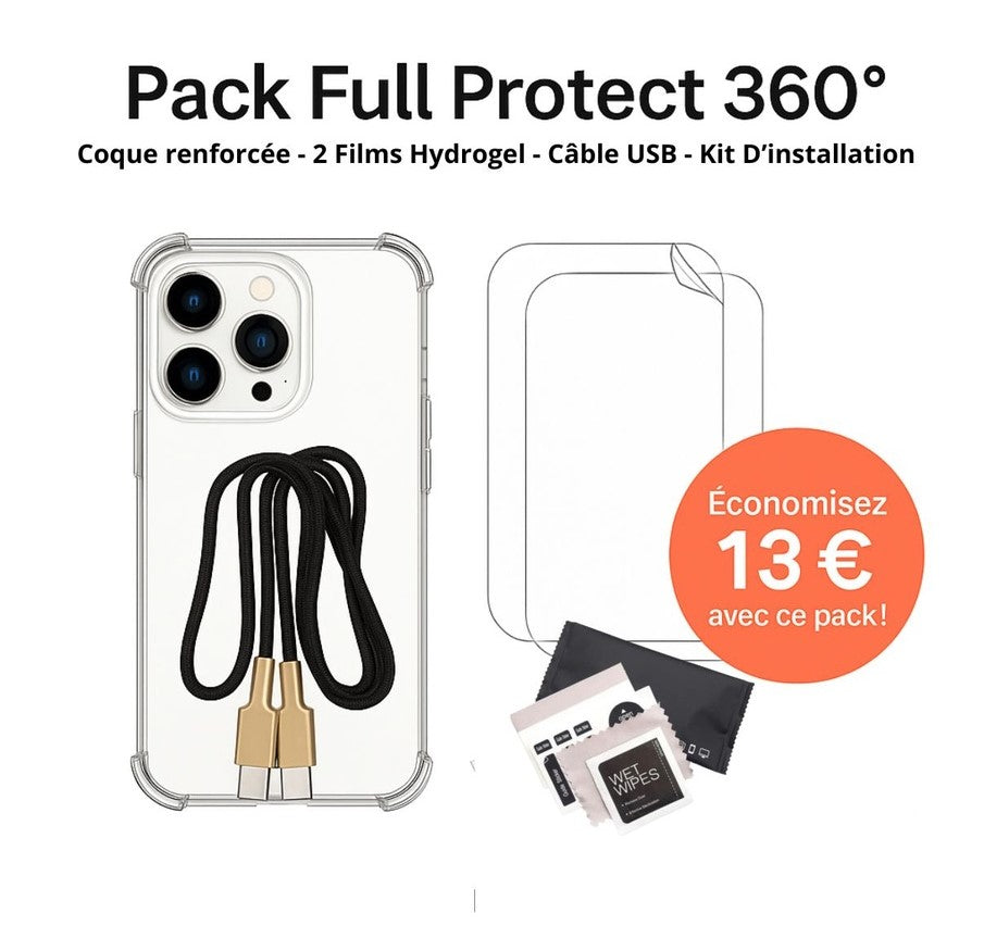 Pack Full Protect 360° : Film Hydrogel + Coque Renforcée + Câble + Kit d’installation