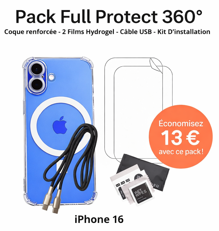 Full Protect 360° iPhone 16 Pack – Case + 2 Hydrogel Films— ProtectionEcran