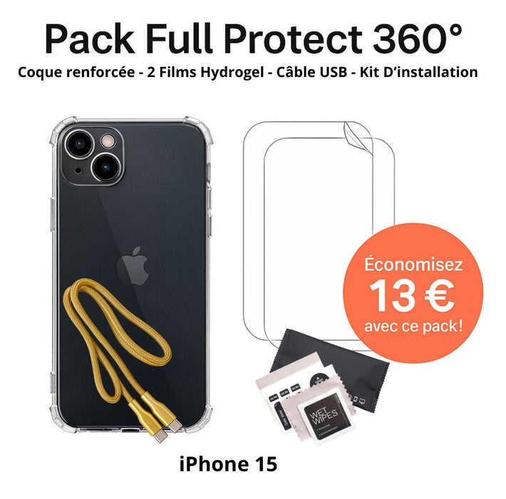 Full Protection 360° Pack – iPhone 15 (Reinforced Case + 2 Hydrogel Screen Protectors + Cable + Installation Kit)
